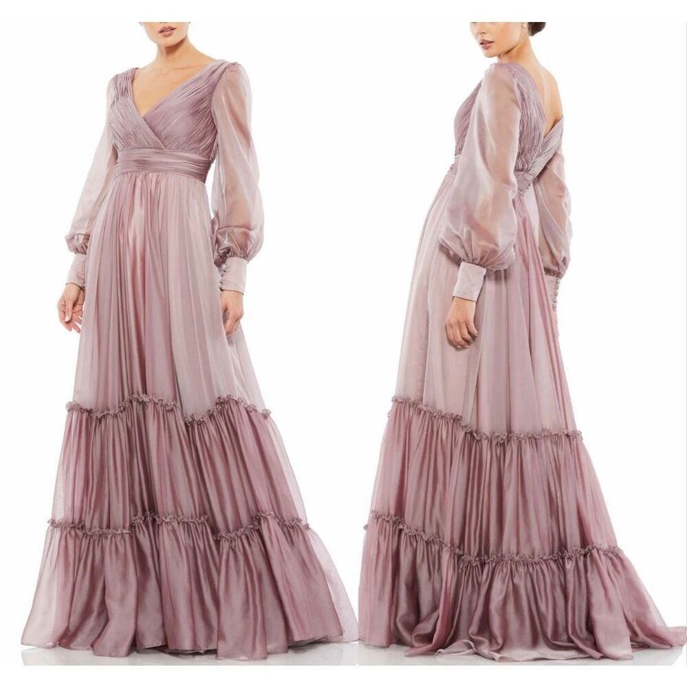 Mac Duggal Maxi Dress Faux Wrap long Sleeve Tiered Gown Mocha Pink size 18